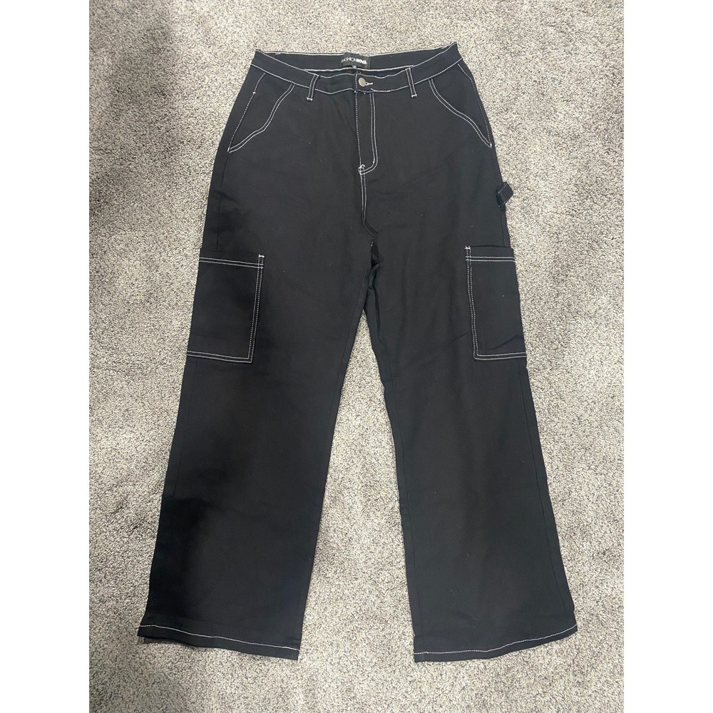 Fashion Nova Cargo Pants Contrast Stitch Wide Leg Black 1X Excellent